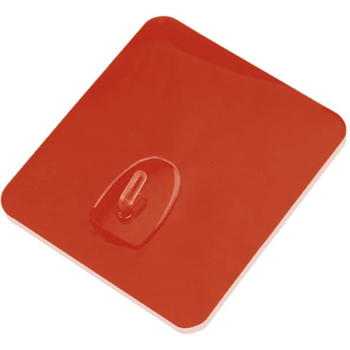 A red rectangular plastic lid with a small handle in the centre. It has a smooth, glossy surface.