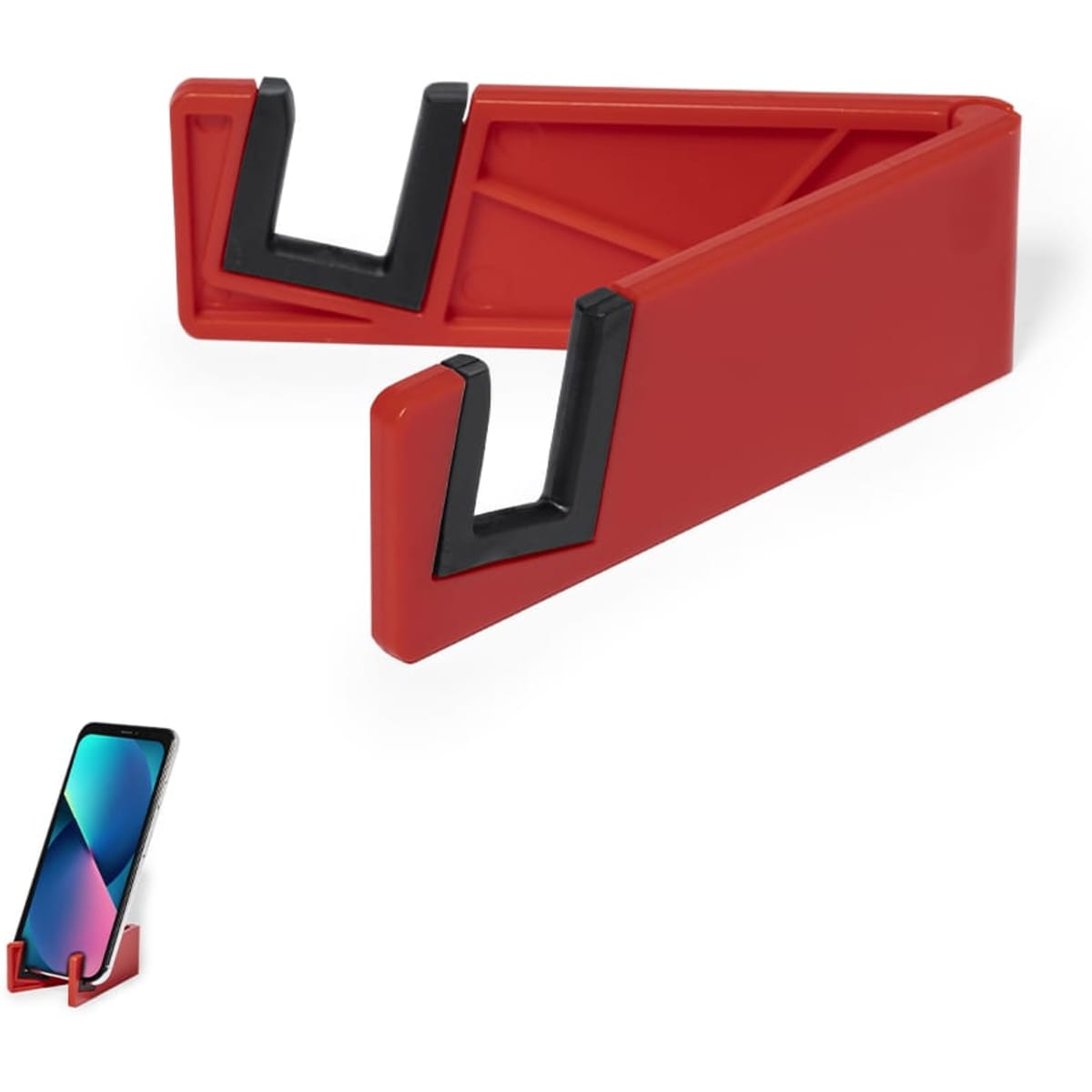 A red phone stand with black accents and a simple triangular design, suitable for holding devices.