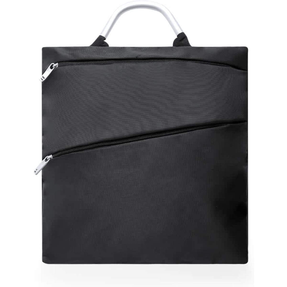 A black Kani Bag featuring two zippered compartments and a sturdy handle. It has a sleek, minimalist design.