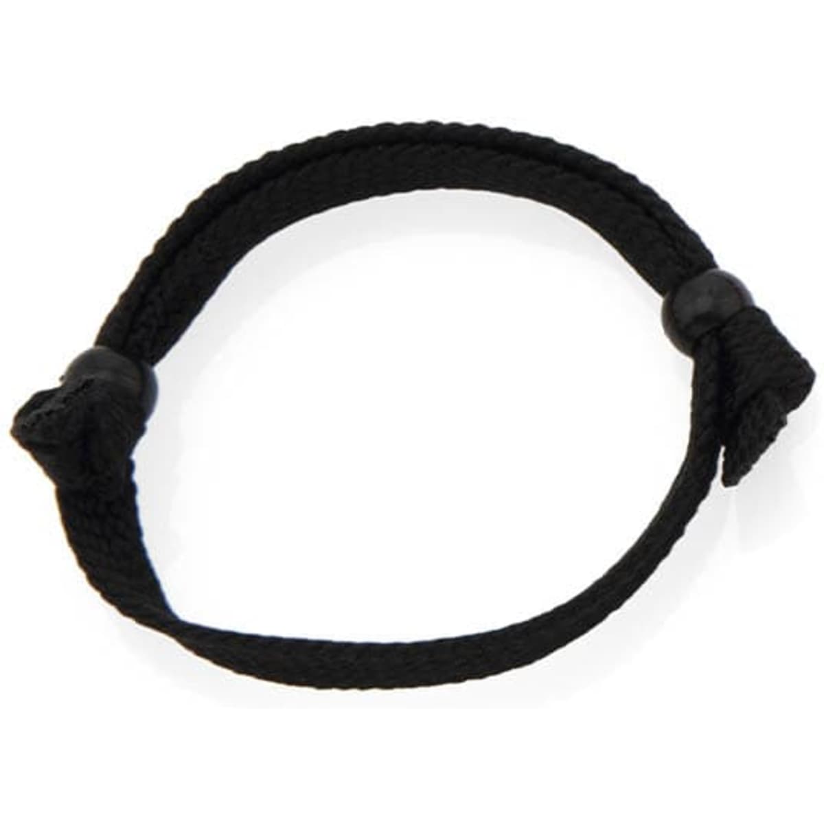 A black braided wristband with adjustable knots at either end. It features a simple, textured design.