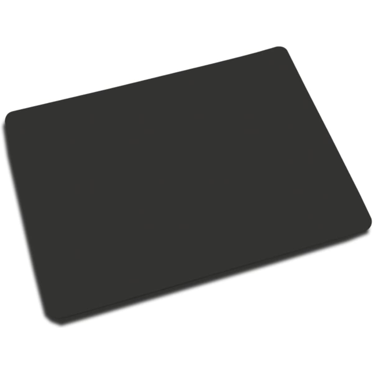 A black placemat with rounded edges, featuring a smooth surface and a simple design. It has a logo present.