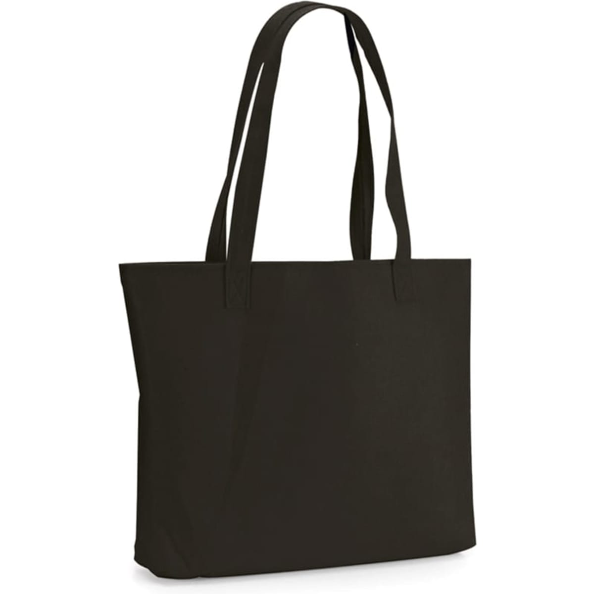 A large black tote bag with long handles and a simple design. It has a logo on one side.