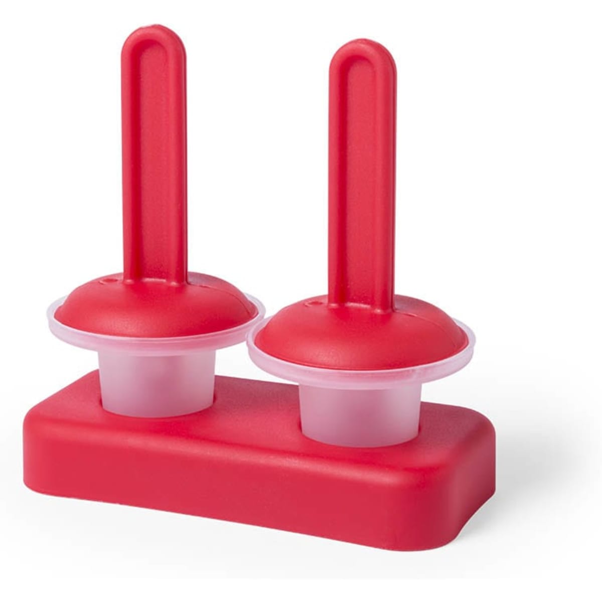 A red ice pop maker featuring two moulds and a sturdy base for easy freezing.