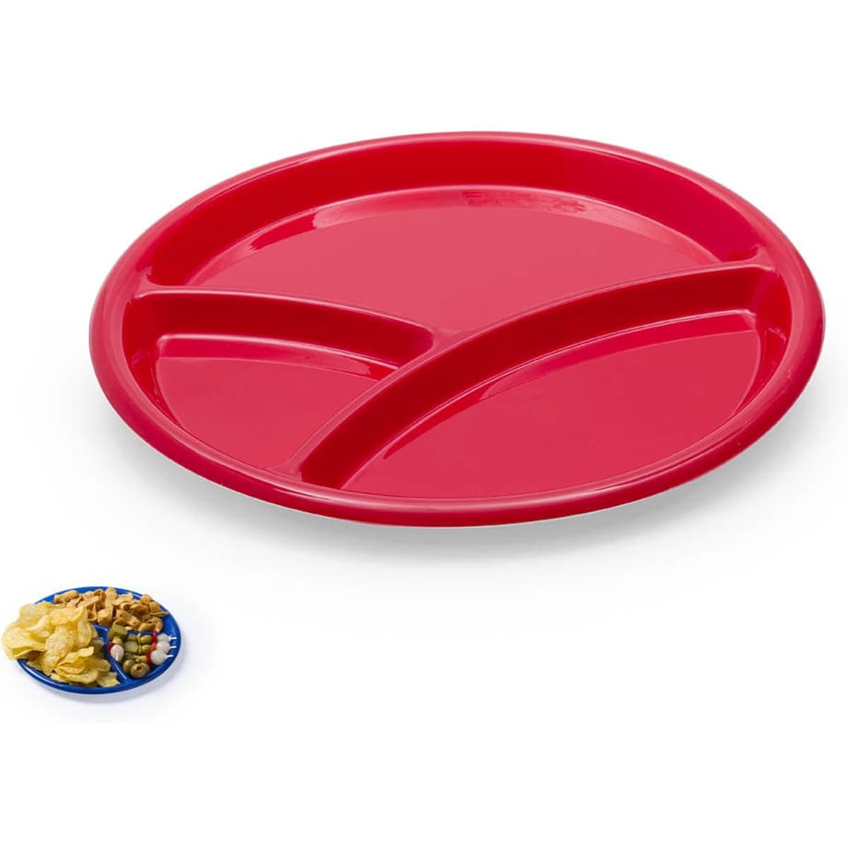 A red divided serving platter with three sections, accompanied by a small plate of food items.