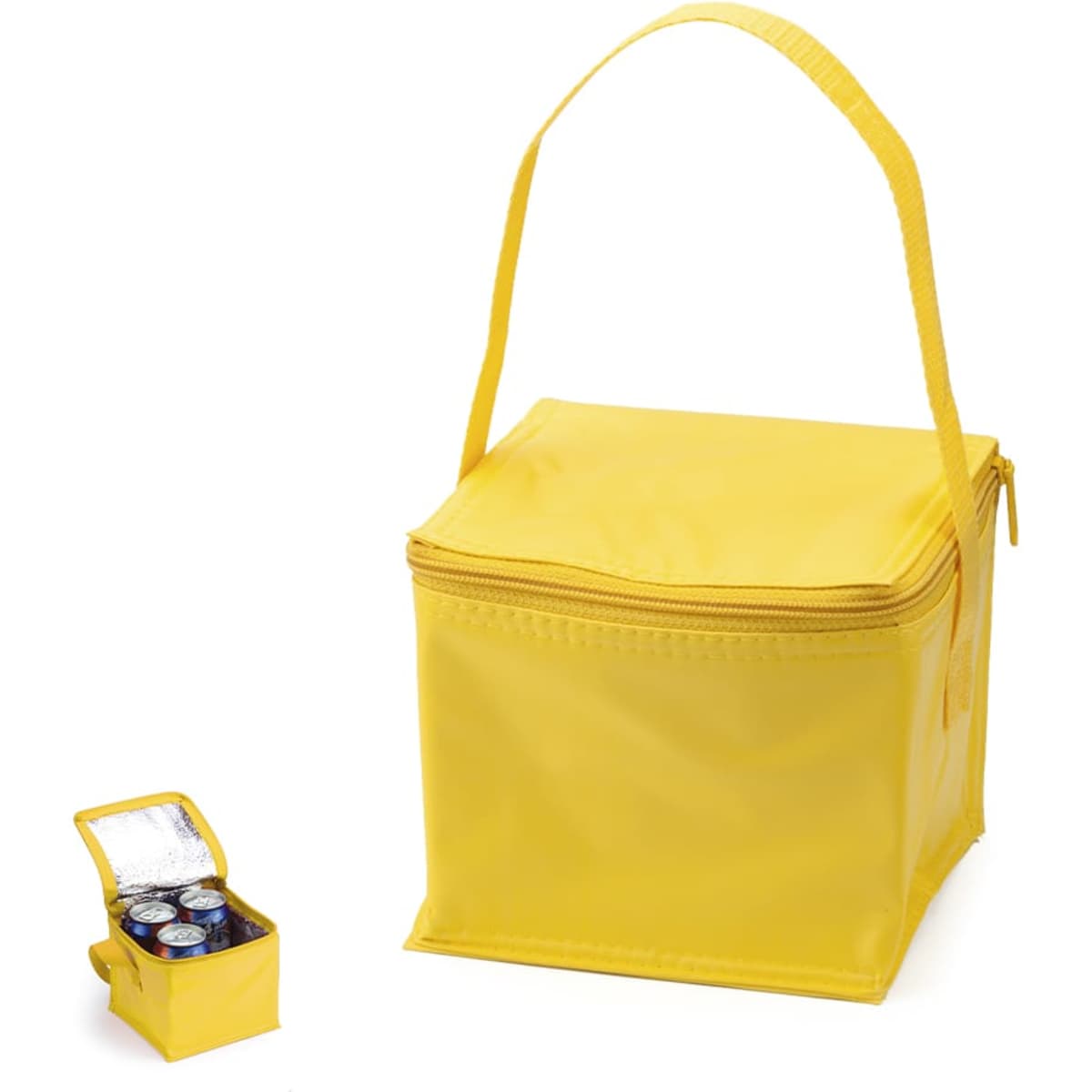 A yellow cooler bag with a zip closure and a handle, alongside a smaller version displaying drink cans inside.