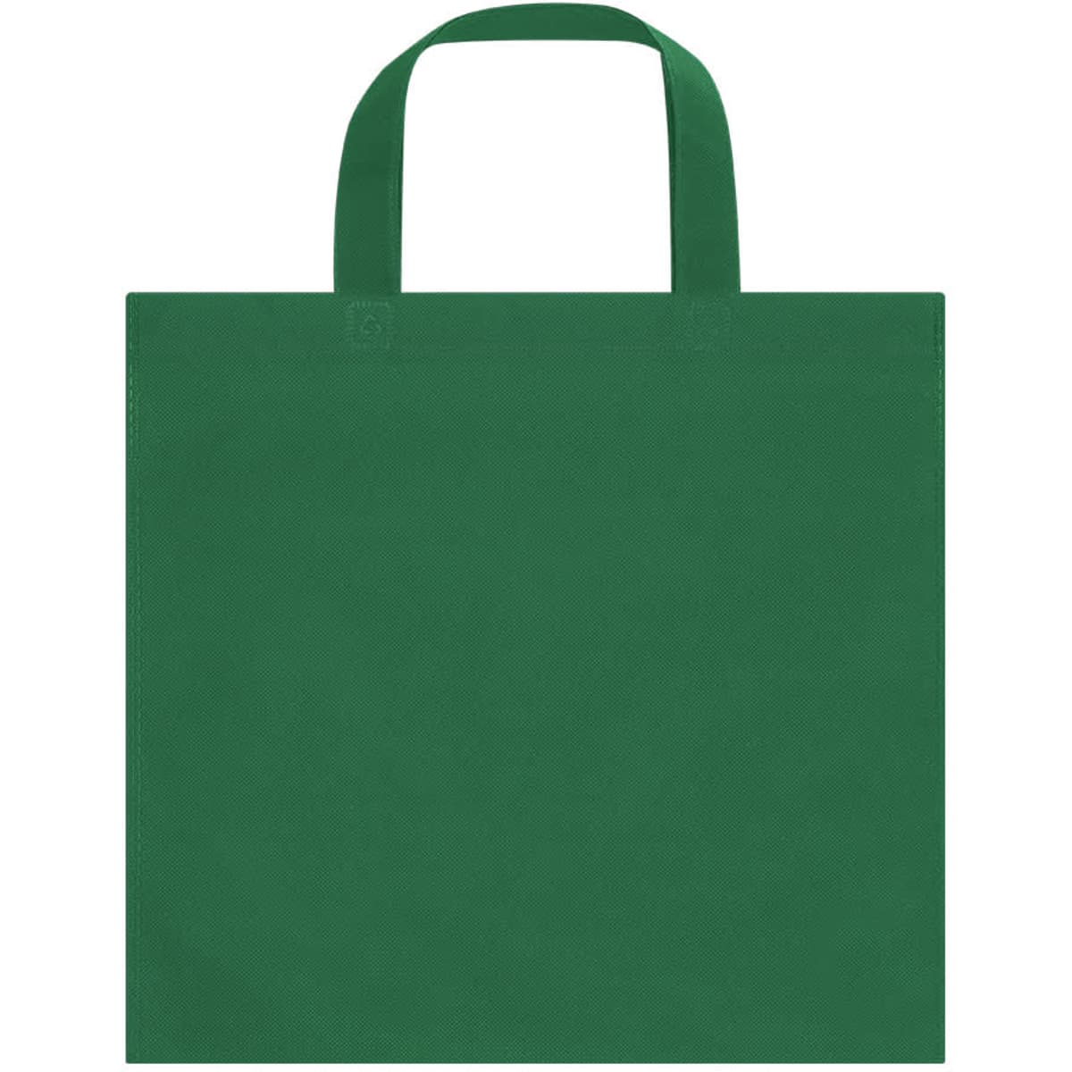 A green reusable grocery bag with two handles and a solid design. It has a logo on one side.