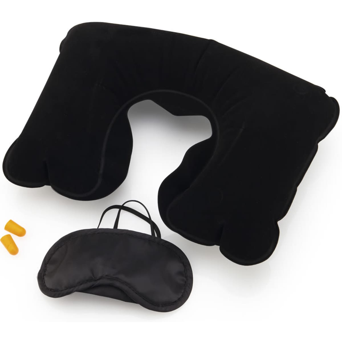 A black travel neck pillow, eye mask, and orange earplugs in a compact carry bag. The set is designed for comfort.