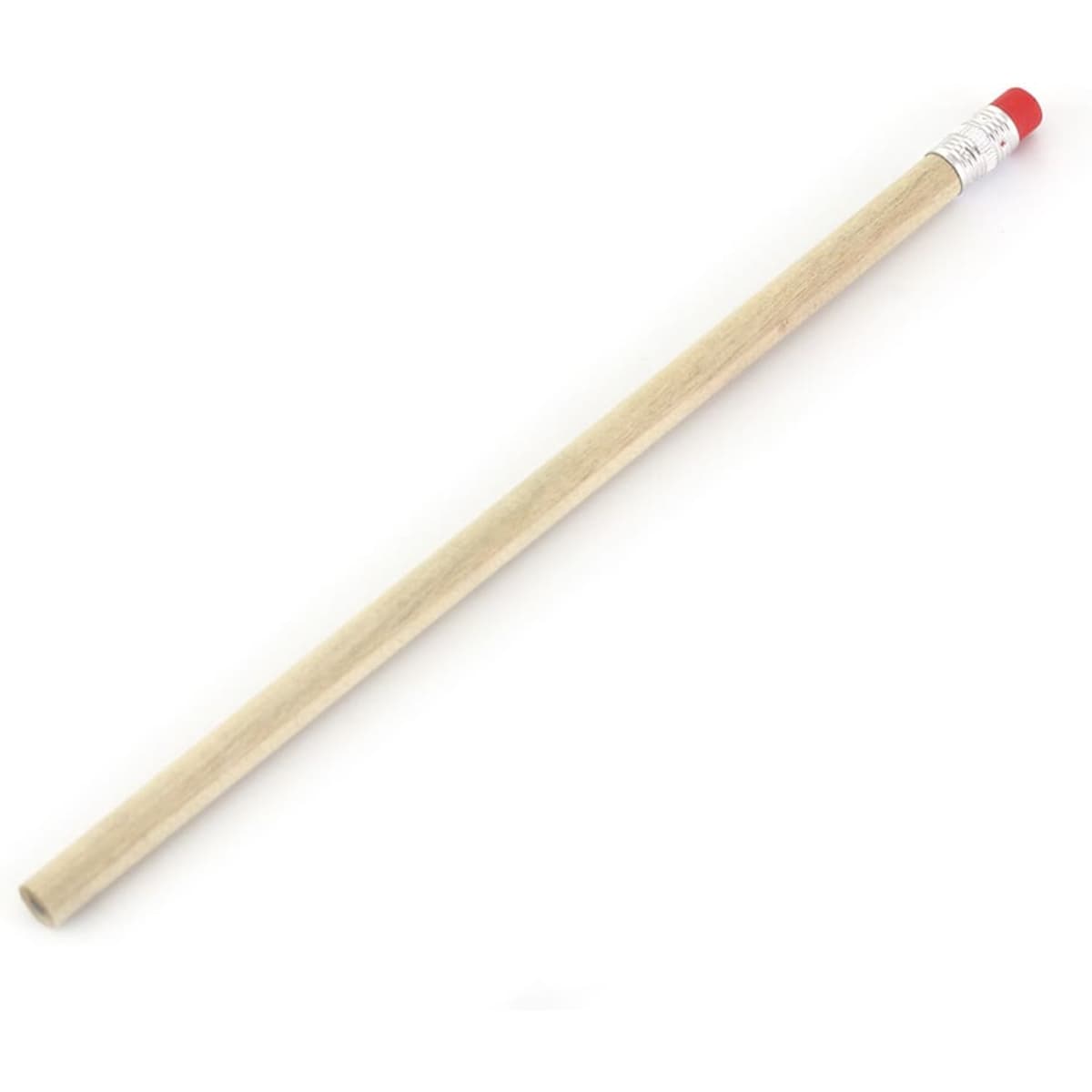 A grey-lead pencil with a natural wood finish and a red eraser on top. It has a metallic band near the eraser.