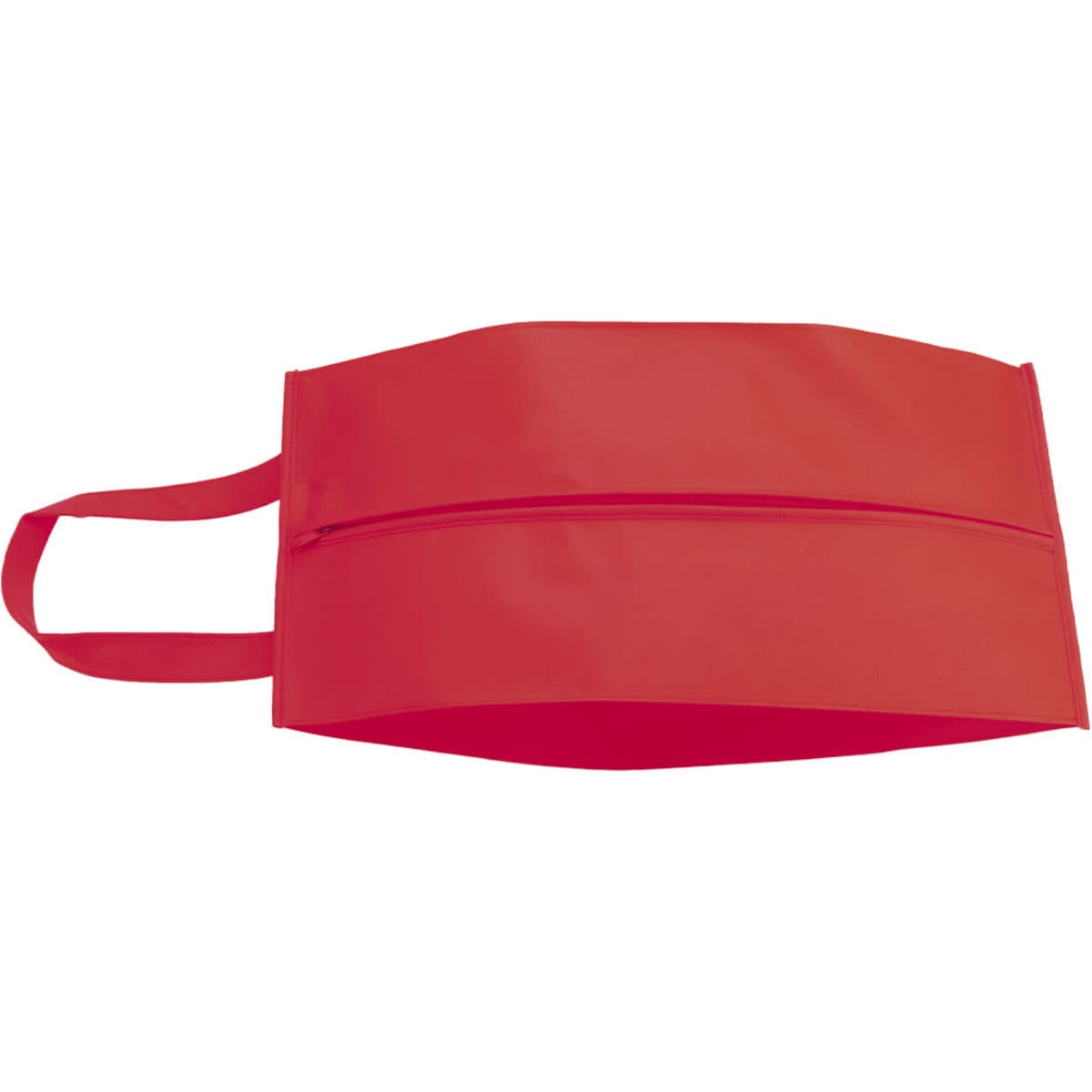 A red shoe bag with a zip closure and two handles, featuring branding.