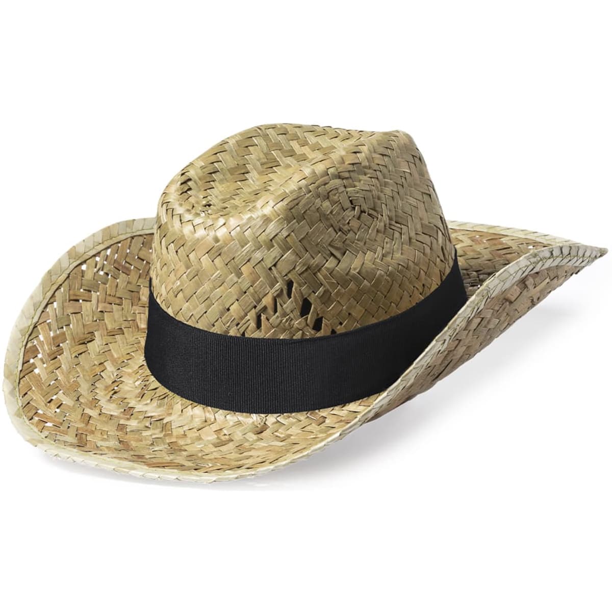 A straw Bull Hat with a wide brim and a black band around the crown.
