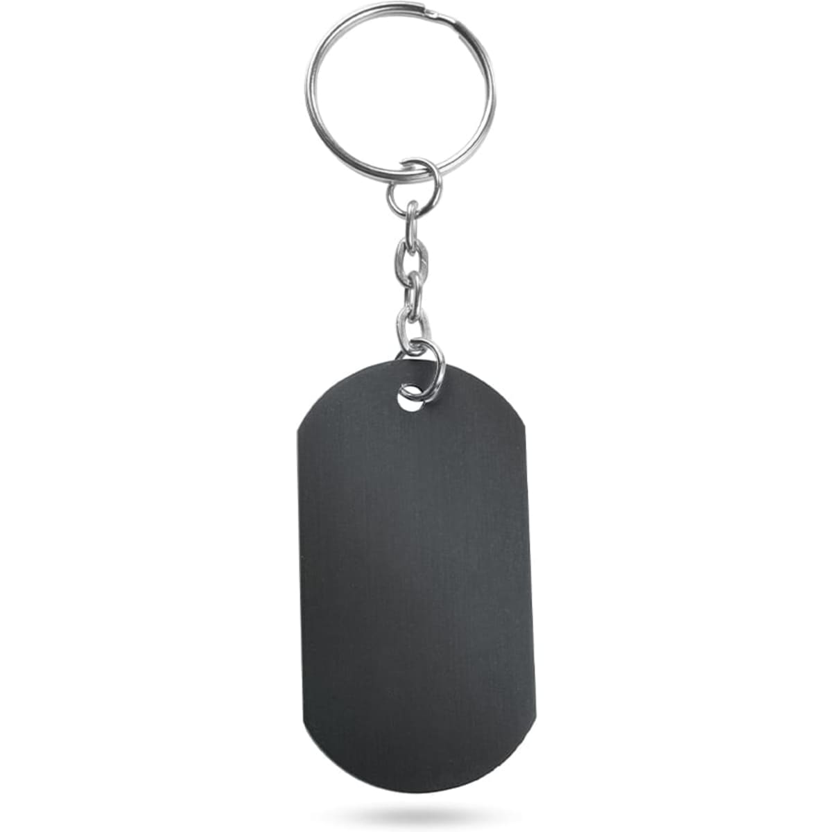 A black keyring featuring an oval tag and a metal chain, with a ring for attaching keys.