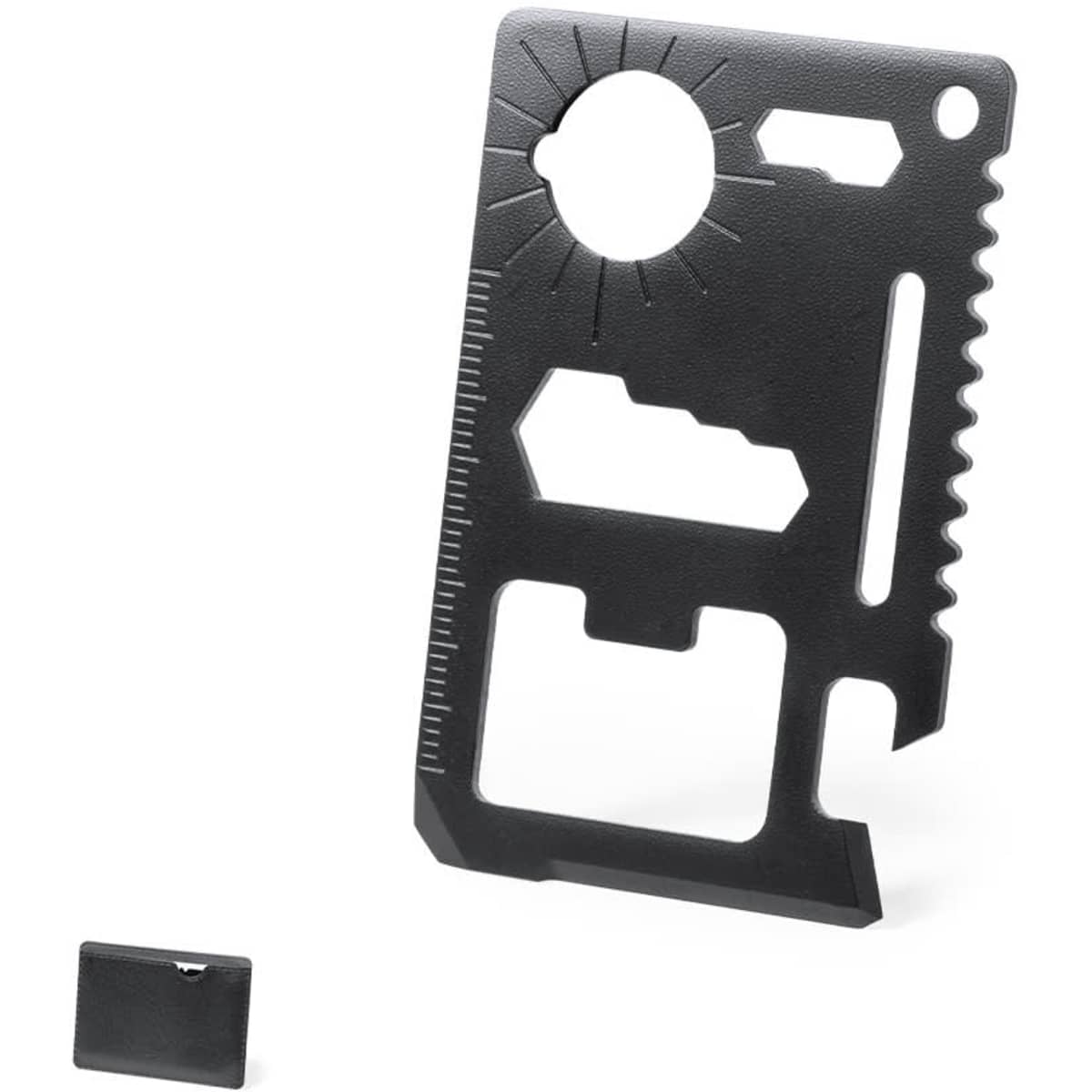 A black multi-tool card featuring various tools and measurements, alongside a compact black casing.