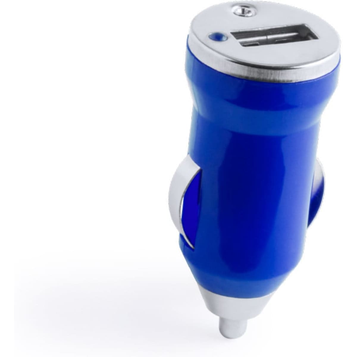 A blue USB car charger with a sleek design and silver accents. It features a single USB port for charging.
