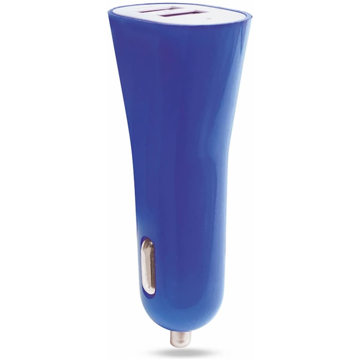 A blue USB car charger with a sleek design and a single USB port. It features a logo on its surface.