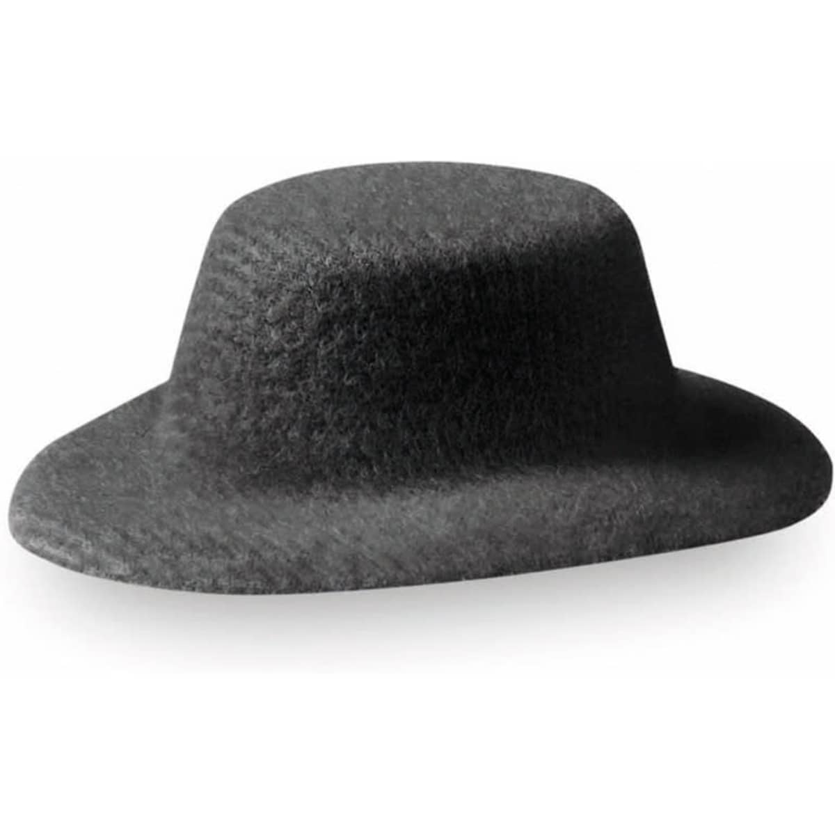 A grey felt hat with a rounded shape and a wide brim, suitable for various styles.
