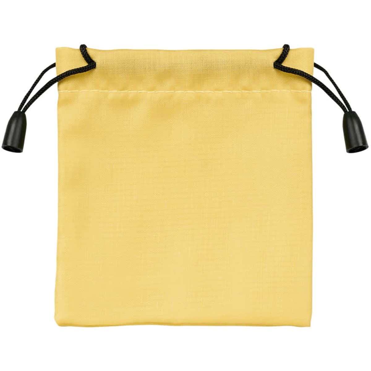 A yellow drawstring bag with black adjustable cord toggles, featuring a plain design. It has a logo on the surface.