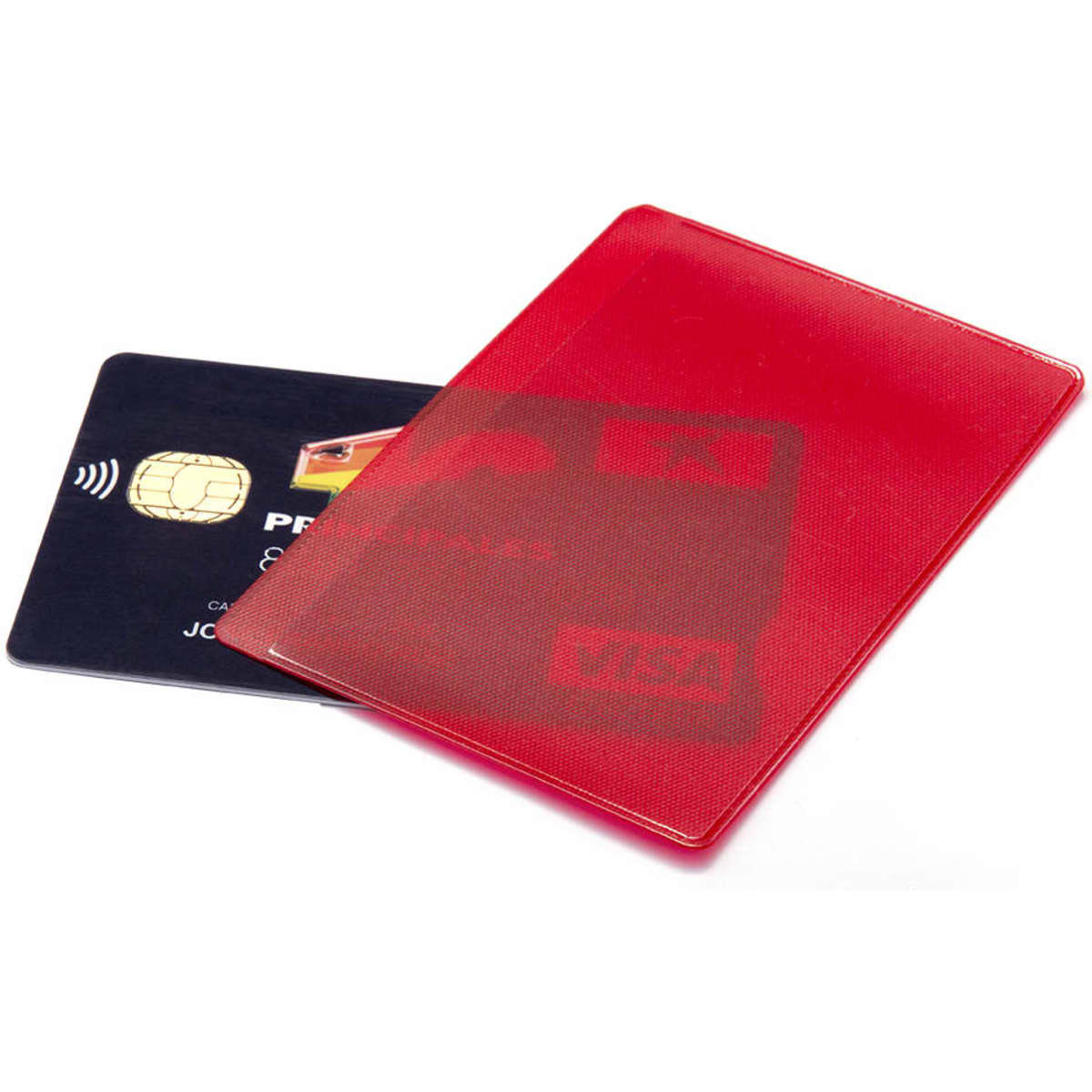 A red Kazak card holder with a card partially visible inside. The holder has a sleek design and features branding.