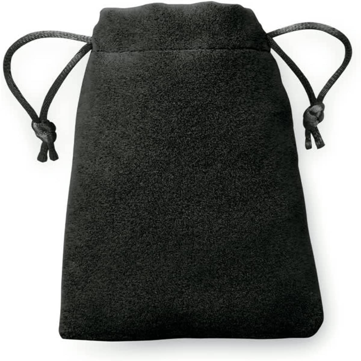 A black drawstring bag made from soft fabric, featuring a cinched closure at the top and no visible branding.