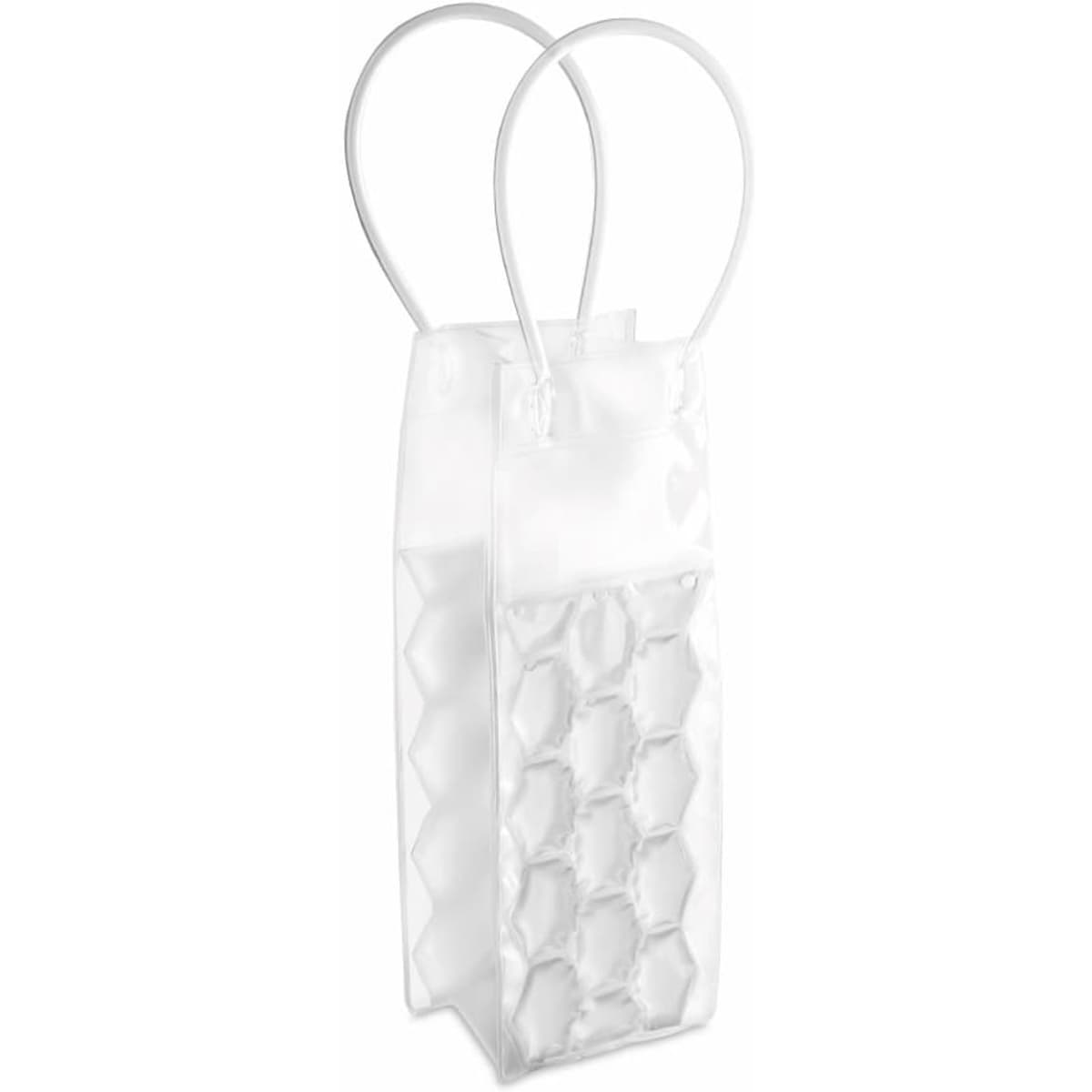 A drink bottle in a clear, textured holder with two handles. The design features a hexagonal pattern.
