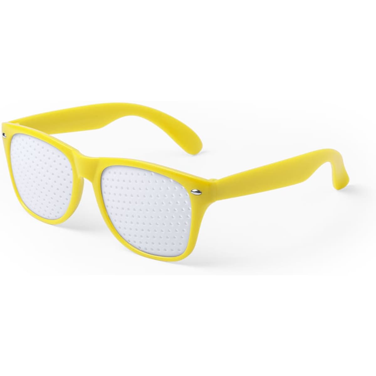 Yellow novelty glasses with a white perforated lens design and a classic frame style.