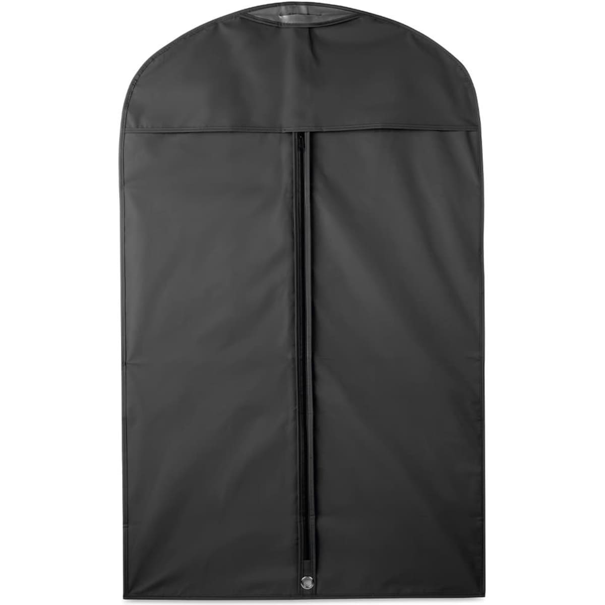 A black garment bag featuring a zip closure and a rounded top, designed for clothing storage.