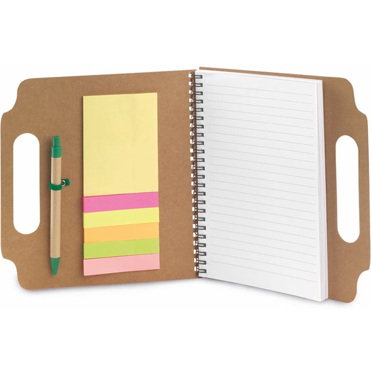 A brown notebook with a spiral binding, blank lined pages, sticky notes in yellow, pink, and green, and a green pen.