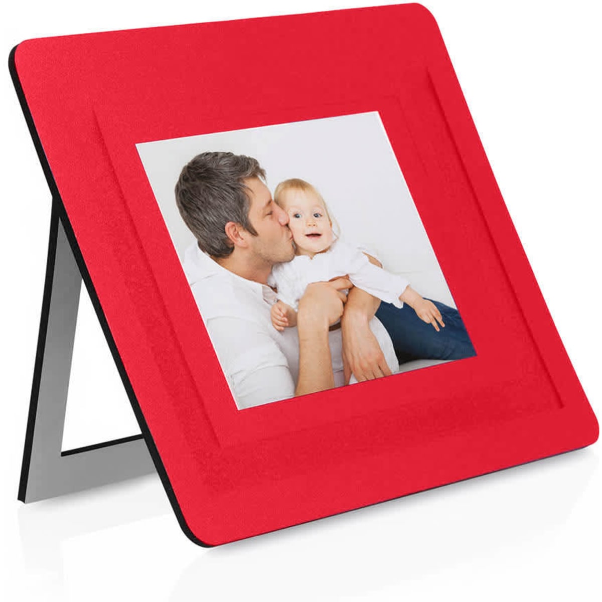 A red mousepad photo frame featuring a photo of a person with a child, displaying an upright support.