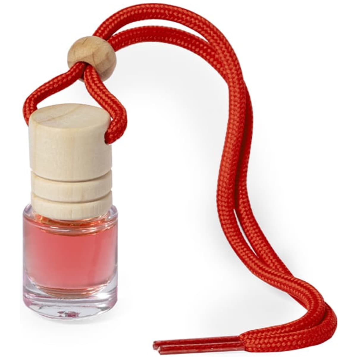 A small glass bottle with a wooden cap, containing pink liquid, and attached to a red cord.