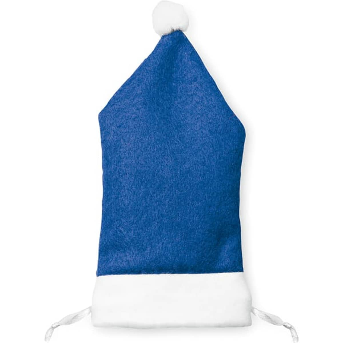 A blue pouch with a white base and pom-pom on top. It features a drawstring closure and branding.