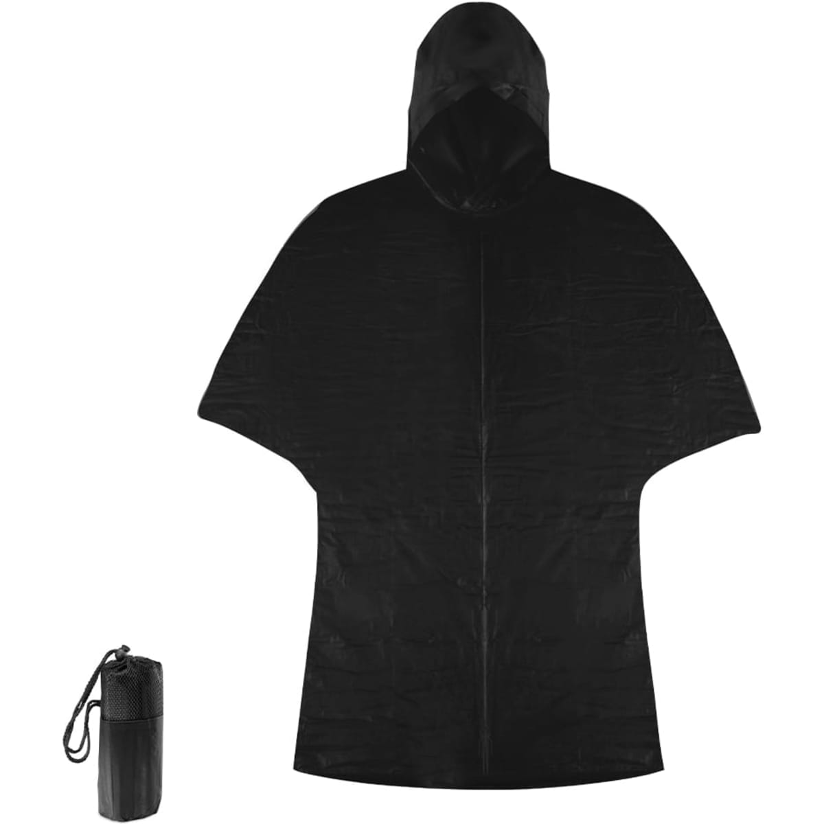 A black poncho with a hood, featuring a compact storage bag. The poncho has a simple, streamlined design.