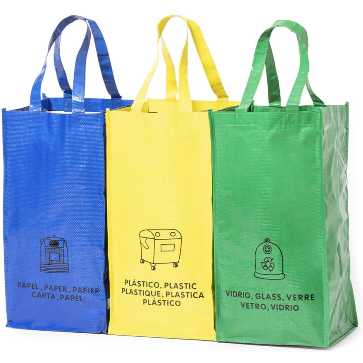 Three assorted bags in blue, yellow, and green, each featuring a logo and handles for easy carrying.