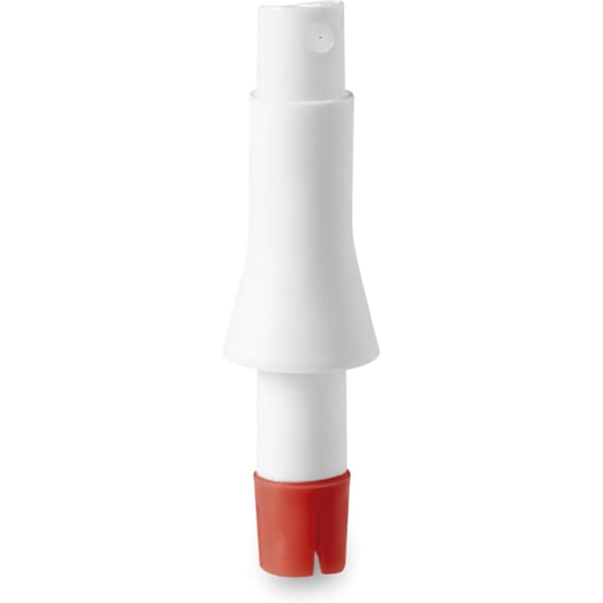 A white and red product featuring a tapered design, likely a bottle or dispenser top, with a smooth finish.
