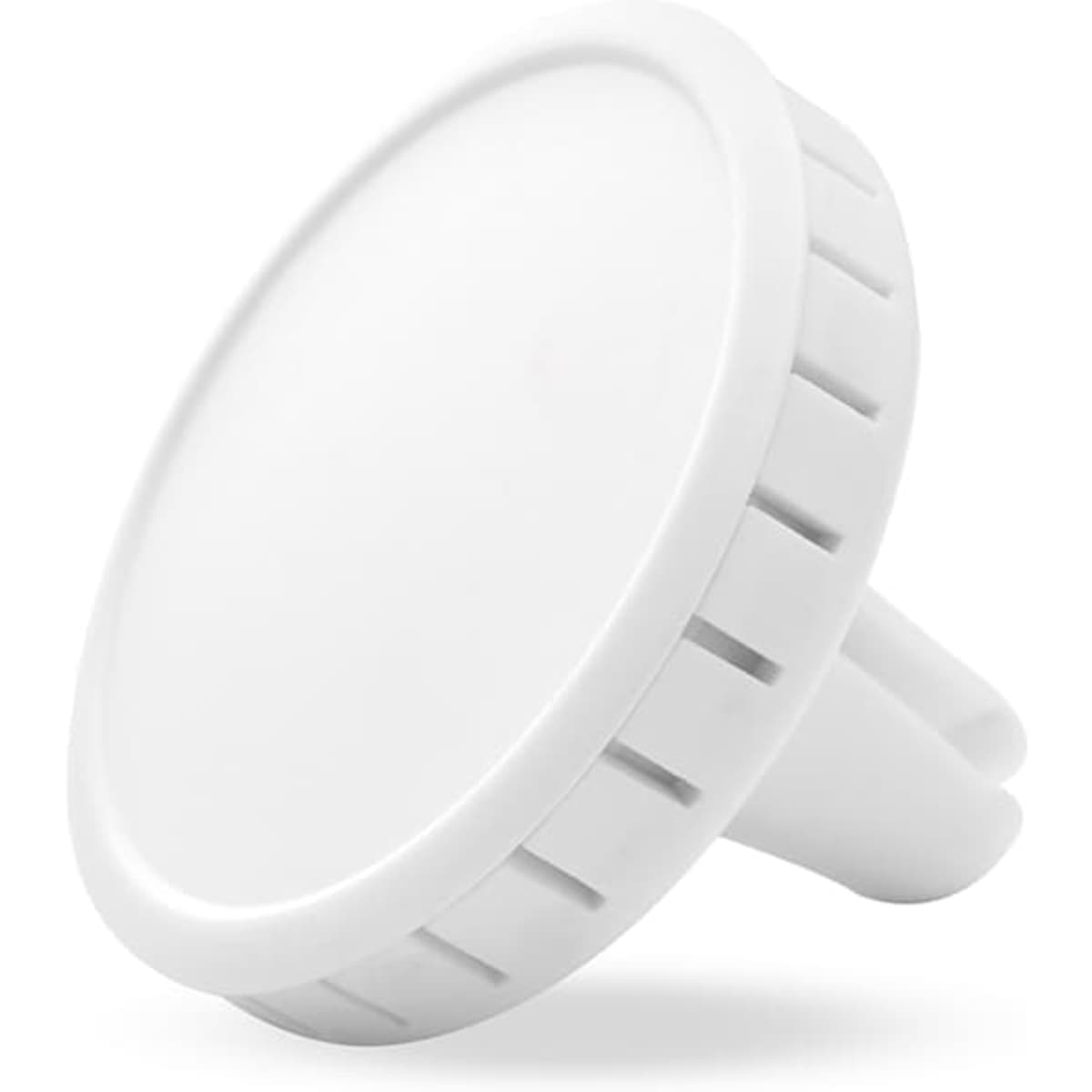 A white air freshener clip with a circular design and ventilation grooves, featuring a logo on the front.
