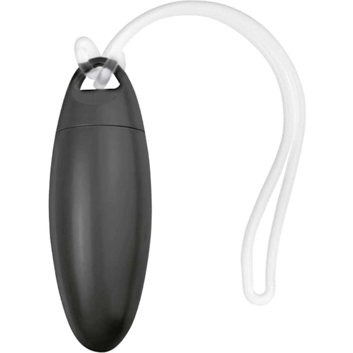 A black luggage tag with a clear attachment strap. It has a smooth, oval design and features a logo.