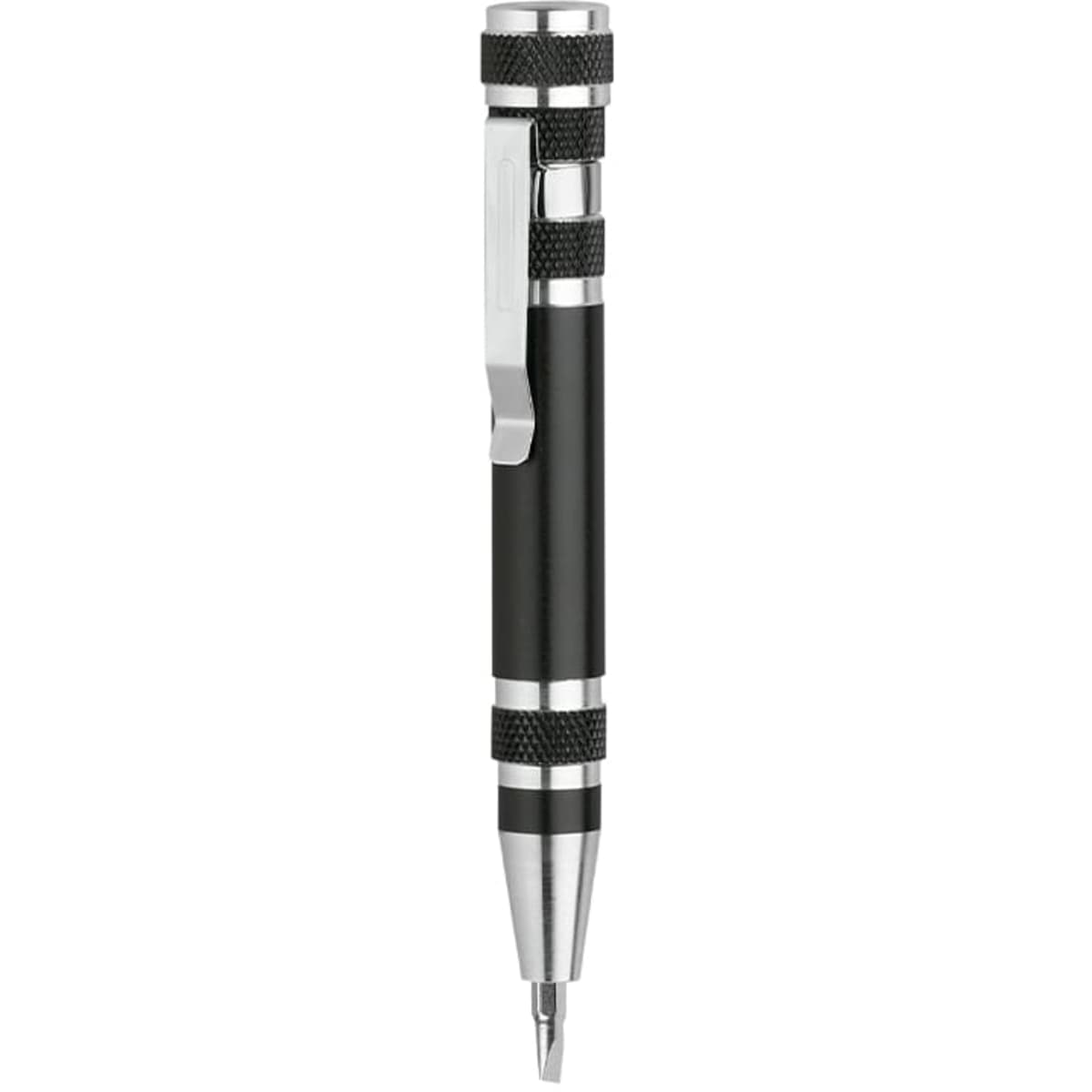A black multi-tool pen featuring chrome accents and a clip. It includes various functional attachments for versatility.