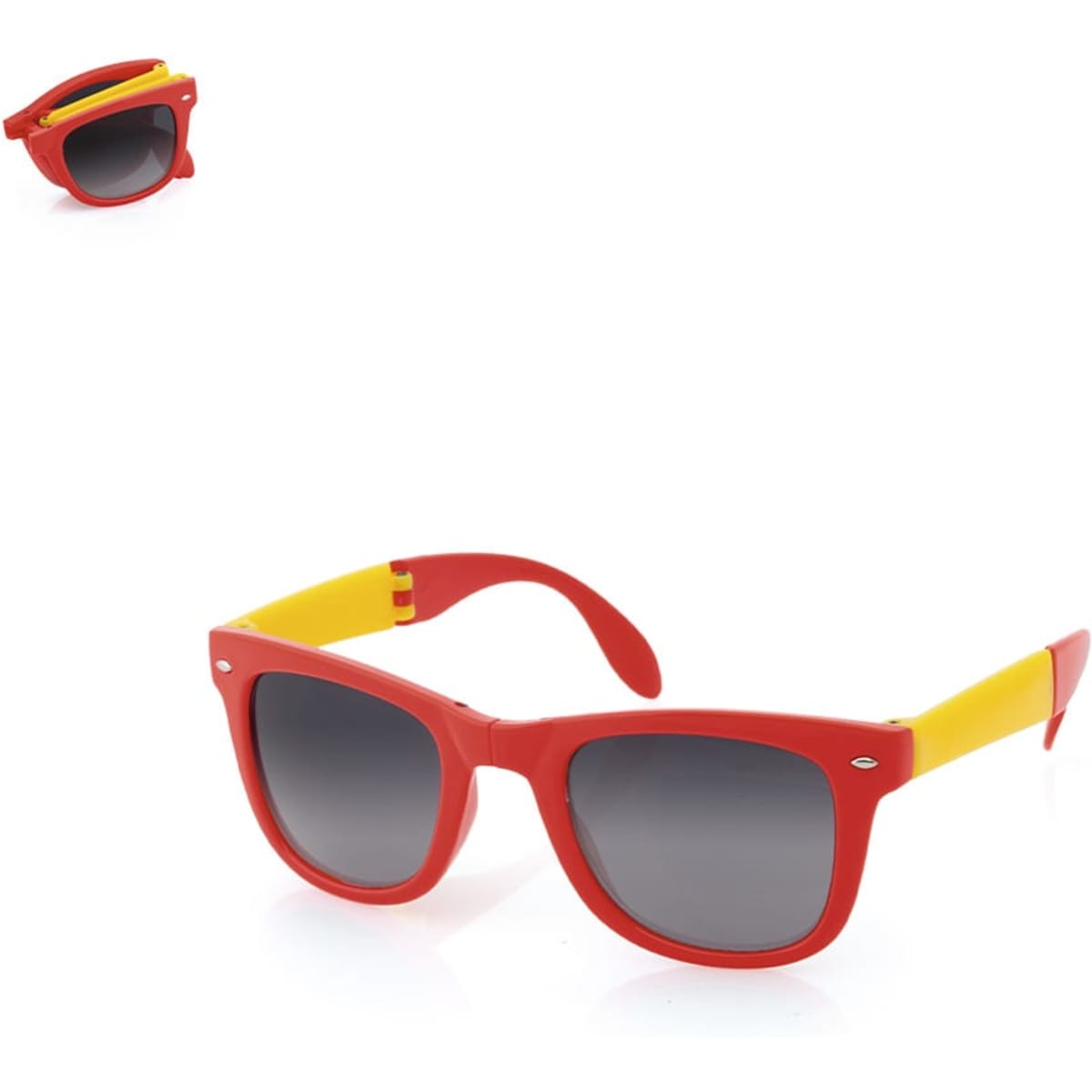 Red sunglasses with yellow accents, featuring a stylish design and a logo on the side.