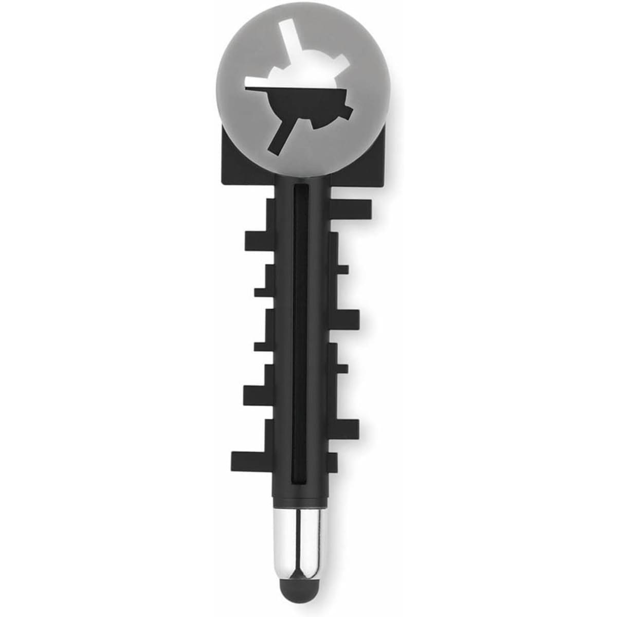 A stylus pen in black, shaped like a key, featuring a round top with a graphic design and a silver tip.