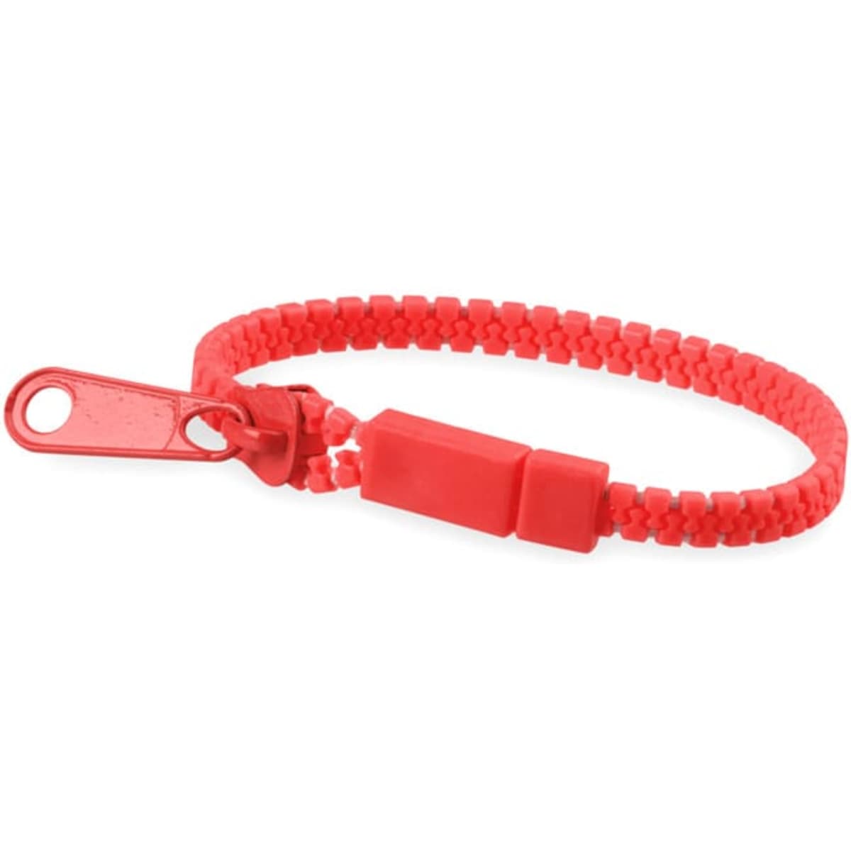 A red bracelet featuring a woven design and a clasp. It includes a branding logo.