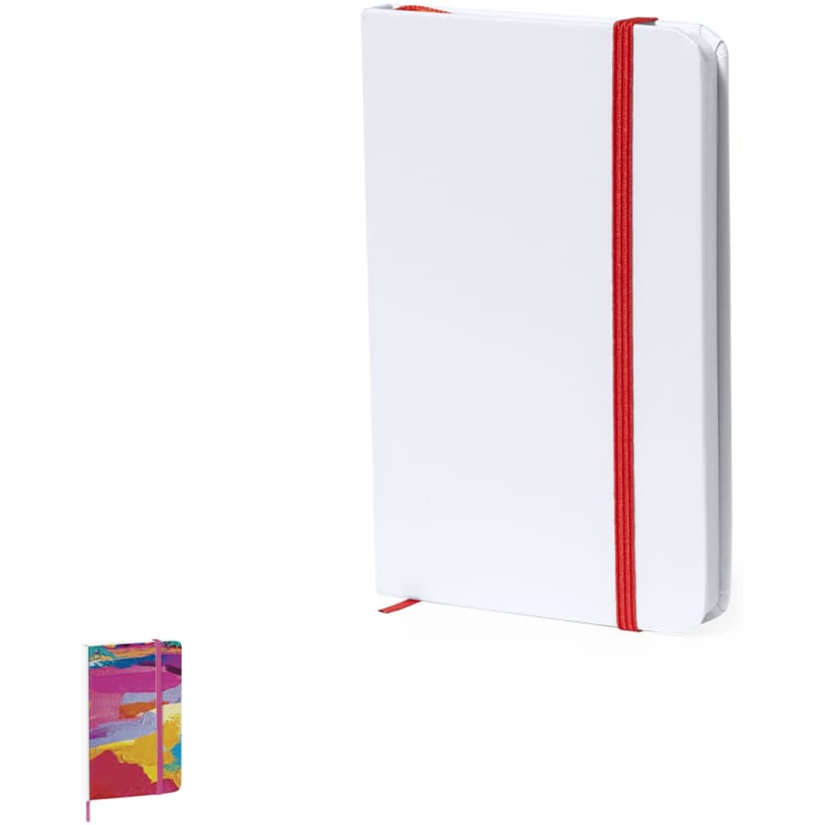 A notepad with a white cover and a red elastic band. Includes a colourful abstract design on the side.