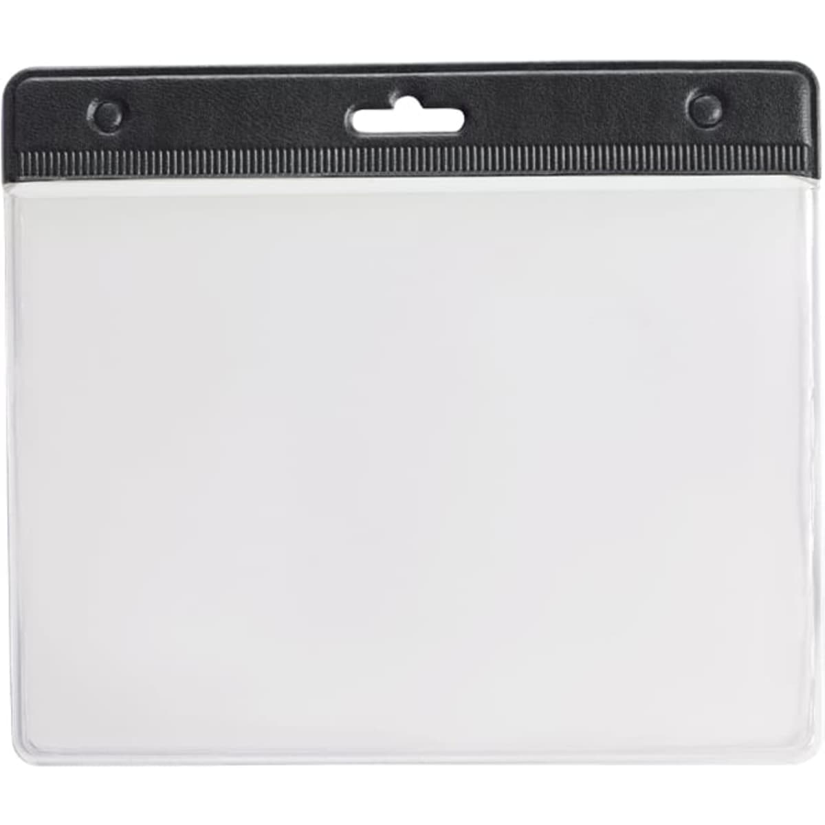 A clear plastic name badge holder with a black top and a slot for attachment.