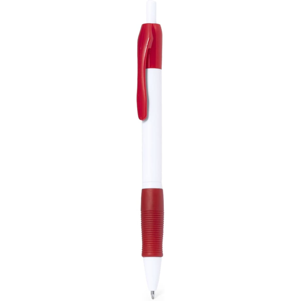 A plastic pen in white with red accents, featuring a grip and a clip. The pen has a branding logo on it.