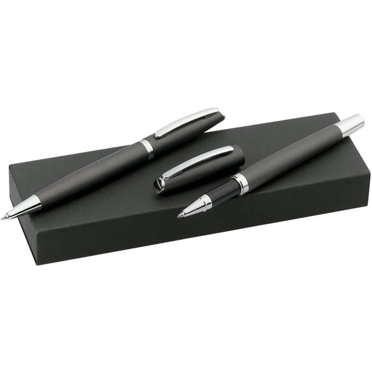 A black gift box containing two metal pens, one rollerball and one ballpoint, with silver accents.