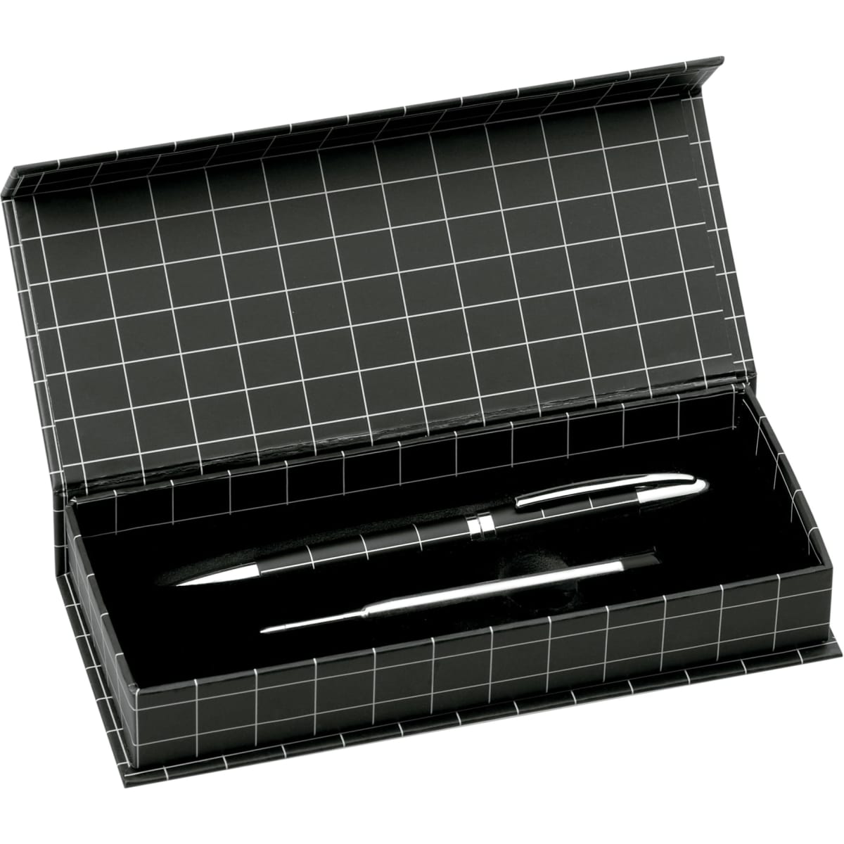 A metal pen in a black and silver design, presented in an open black grid-patterned gift box.