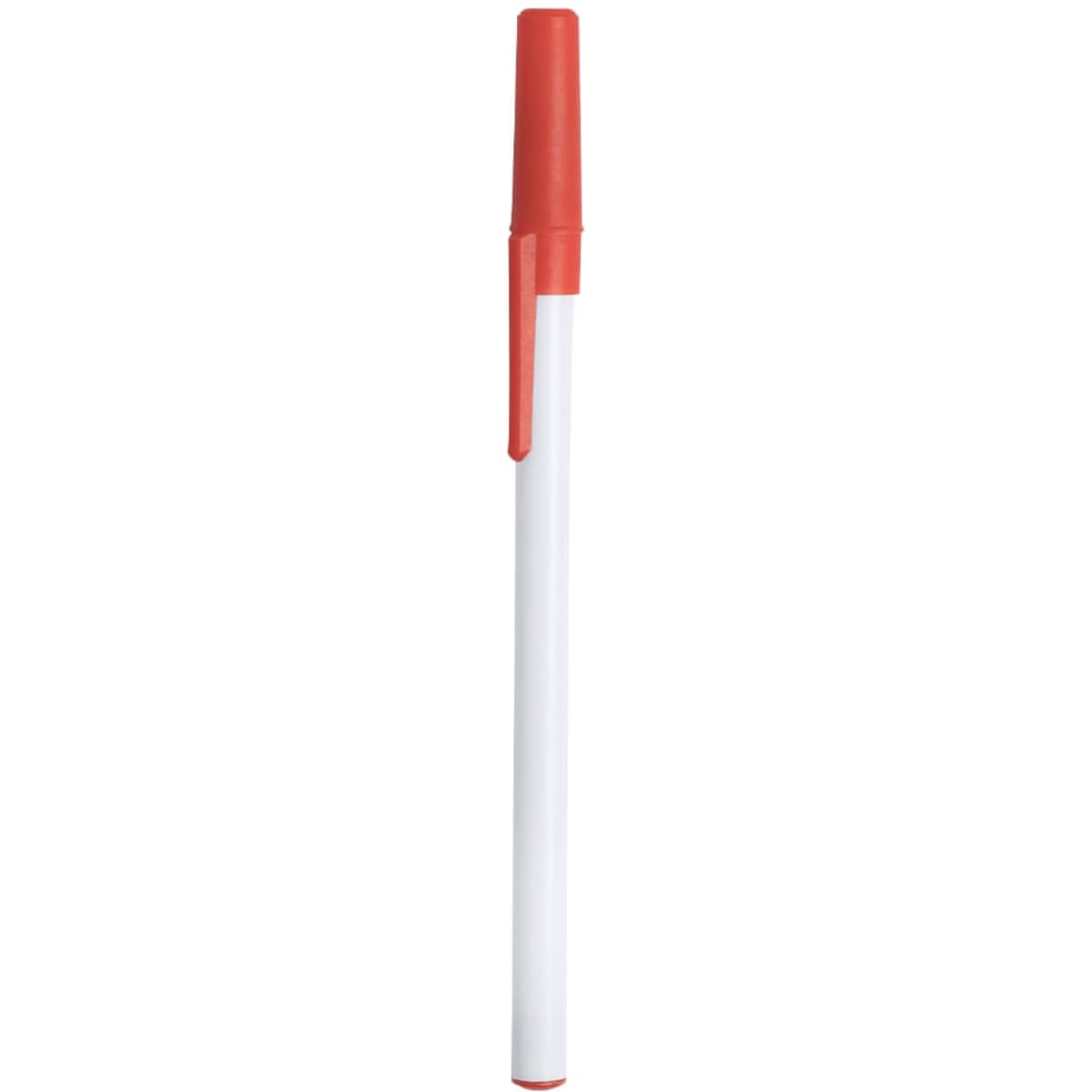 A plastic pen with a white body and a red cap. It features a clip and a simple design.
