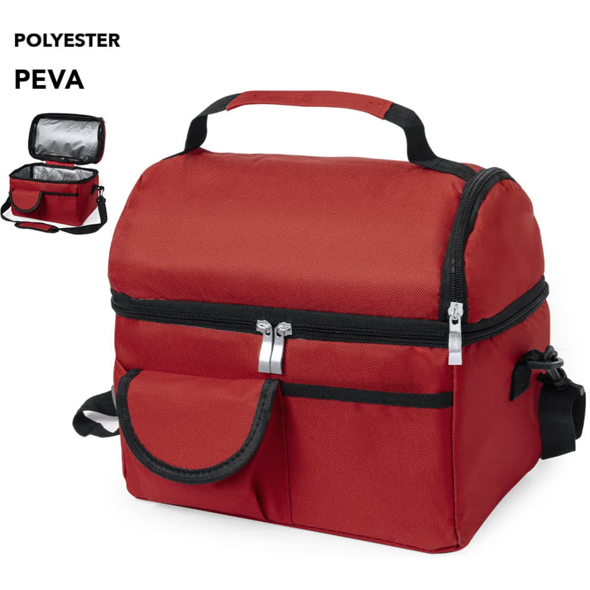 A red cooler bag with a zippered compartment, carrying handle, and front pocket. It features a logo on the side.