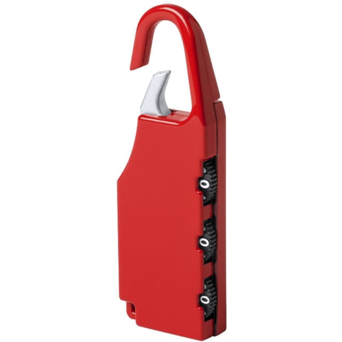 A red multifunctional tool with a hook and multiple dials. Features a compact design with a sleek finish.
