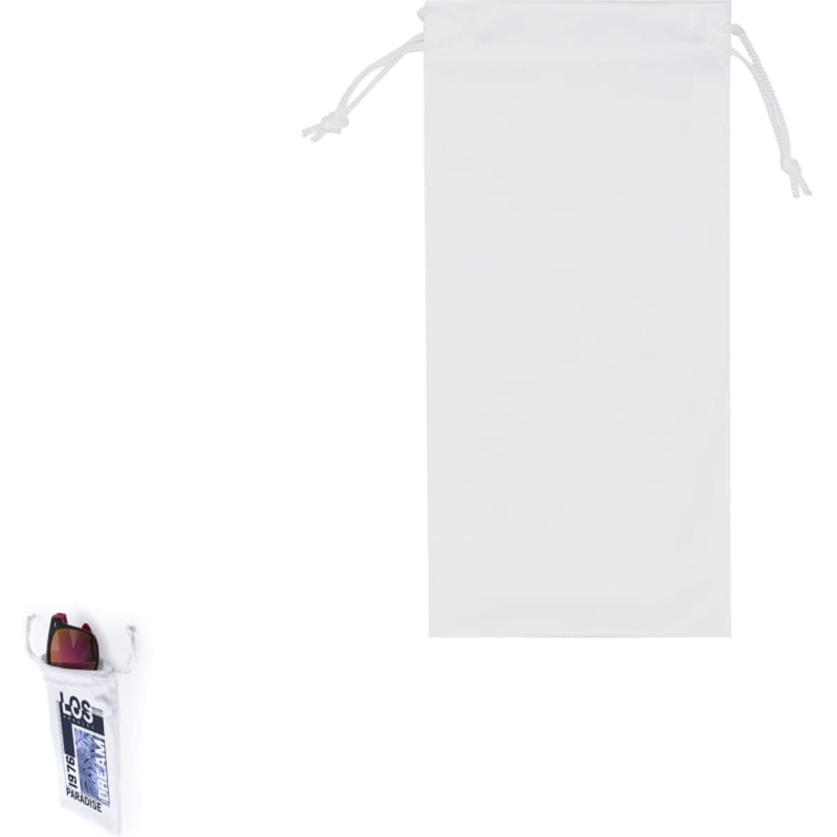 A white drawstring pouch with a logo, featuring a simple design and a cinched opening at the top.