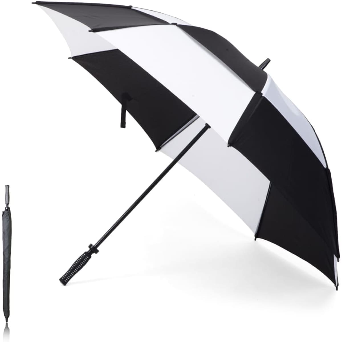 A black and white golf umbrella with a sleek design, featuring a curved handle and a logo.