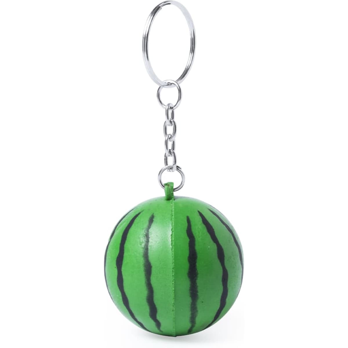 A green watermelon-shaped stress keyring with black stripes, attached to a metal keychain.