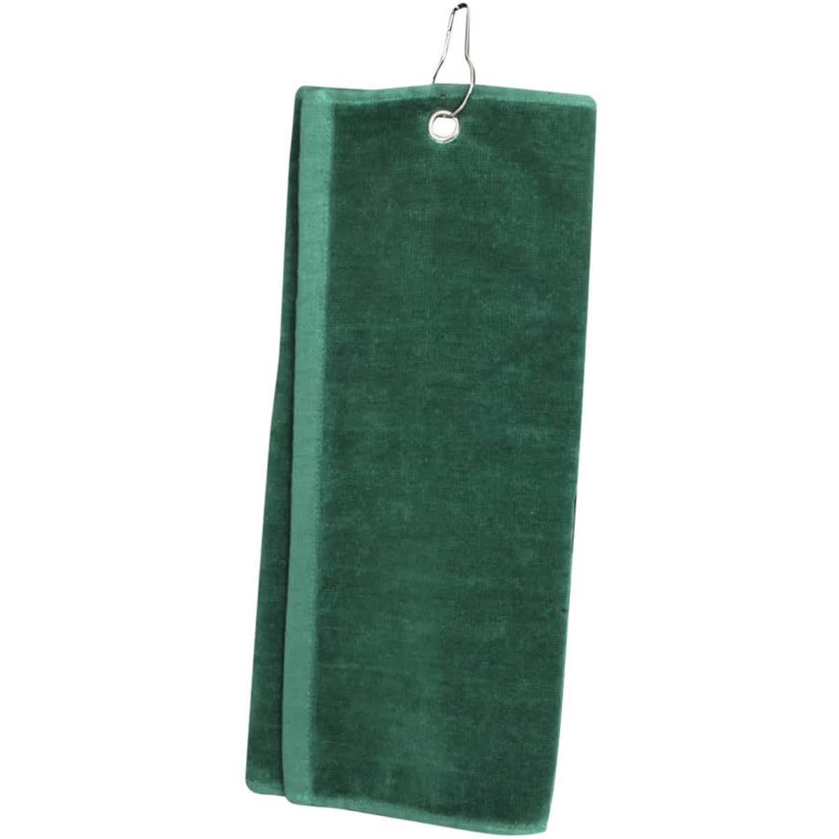 A green golf towel with a hanging loop, featuring a soft texture and a solid colour.